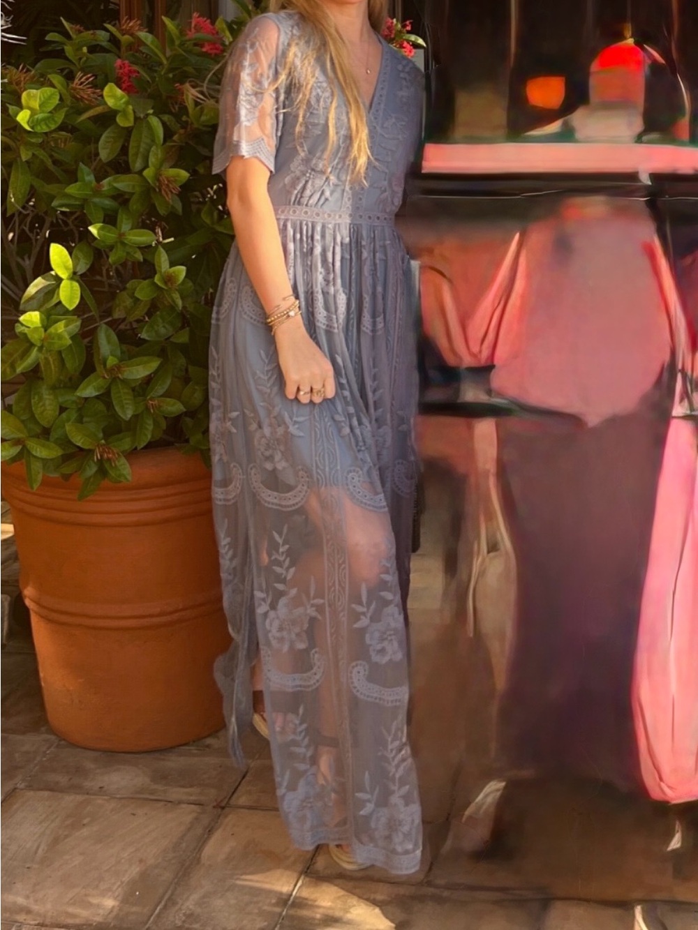 Altar'd State Dusty Blue Lace Maxi Dress